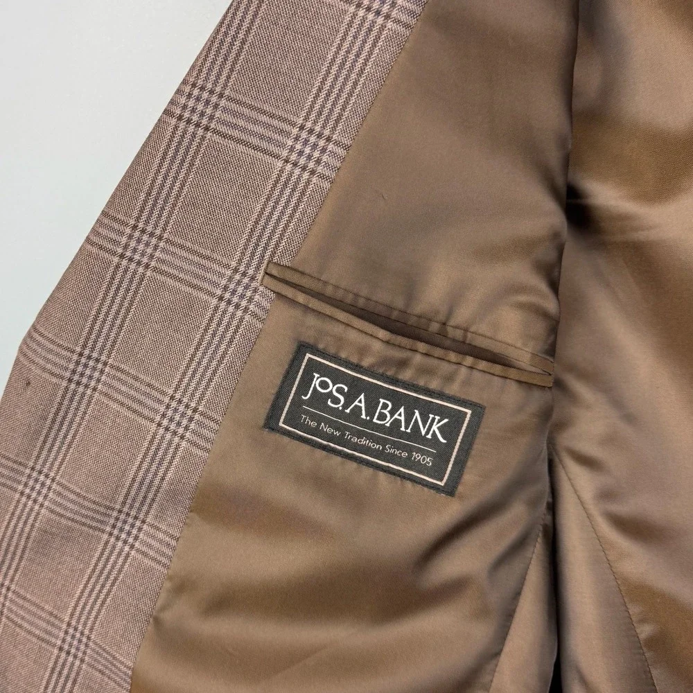 Jos A Bank Executive Mens 42 Short Brown Plaid Wool Two Button Blazer Sport Coat